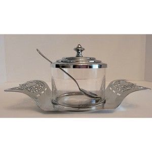 Vintage Farber Bros Glass Jam Jar, Chrome Lid, Spoon, Reticulated Tray  Art Deco